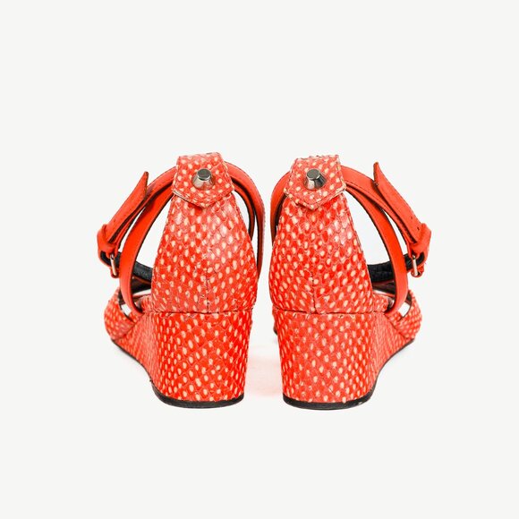 Balenciaga Orange Snakeskin-Embossed Studded Wedge Sandals - Picture 3 of 11